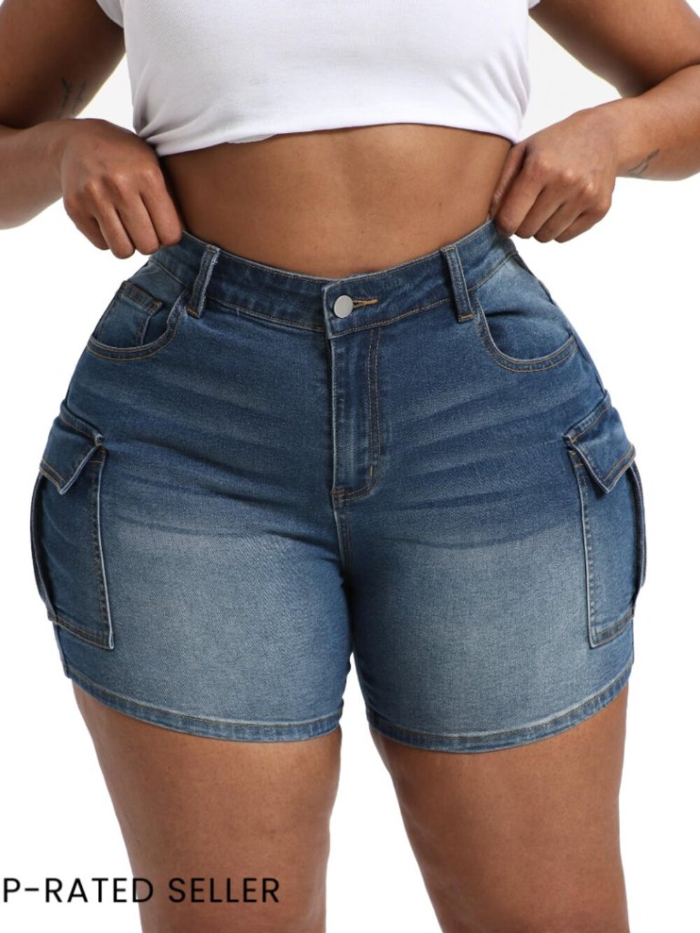 Plus Size Stretchy Cargo Jean Shorts High Waisted Y2k Streetwear Denim